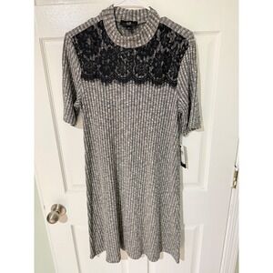 AGB Dress Womens 14 Grey Ribbed Lace Yoke Mock Neck Shift Dress 0379L47 NEW